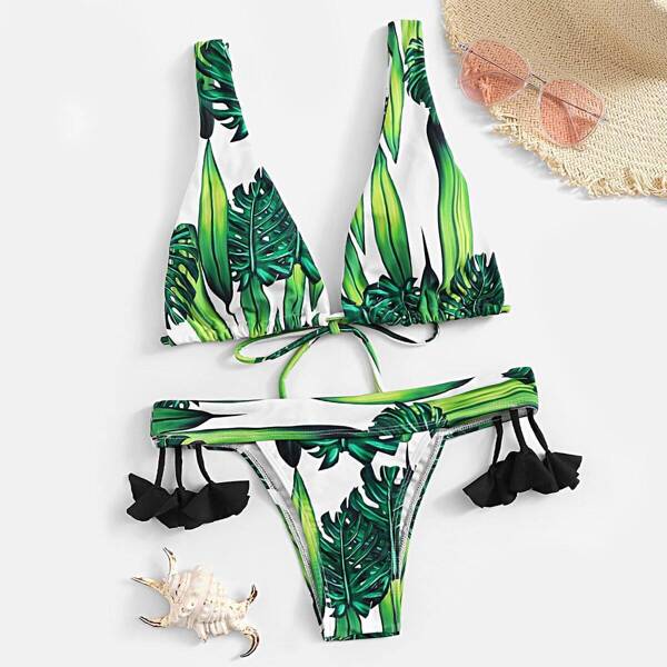 

Random Leaf Print Triangle Top With Cheeky Bikini