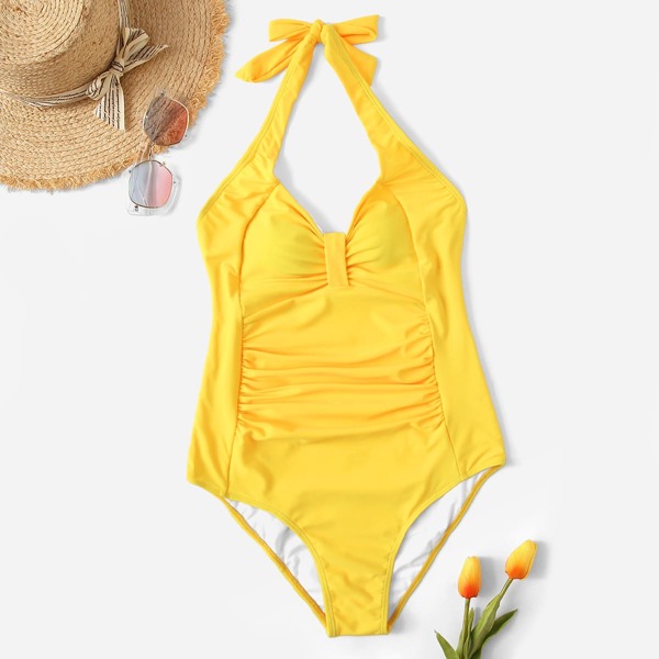

Ruched Low Back Halter One Piece Swimsuit, Yellow bright