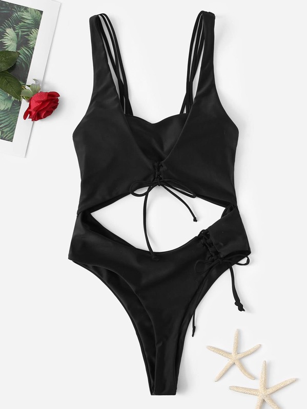 

Lace-up Cut-out Low Back One Piece Swimwear, Black