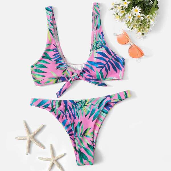 

Leaf Print Tie Front Top With Tanga Bikini