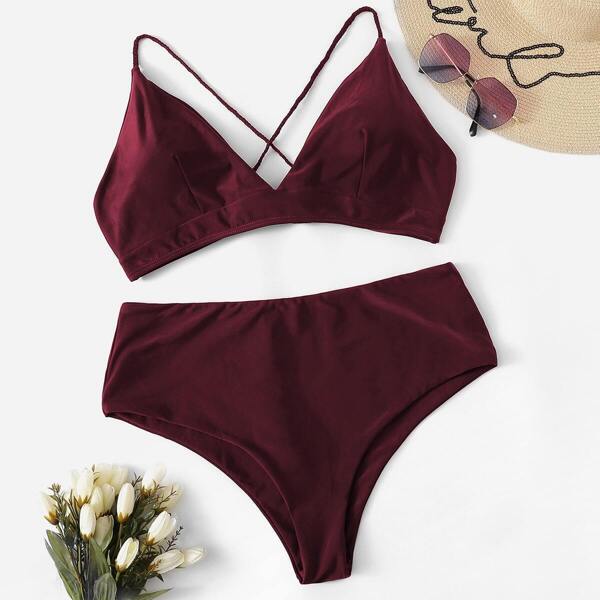 

Plus Criss Cross Seam Top With High Waist Bikini, Burgundy