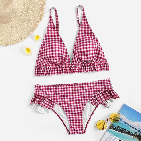 

Plus Gingham Ruched Ruffle Top With Panty Bikini, Red