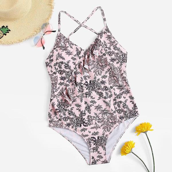 

Plus Floral Ruffle Criss Cross Backless One Piece Swim
