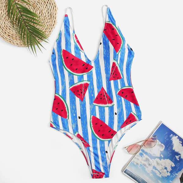 

Plus Striped & Watermelon Print Low Back One Piece Swim