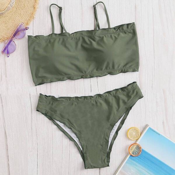 

Plus Lettuce Trim Spaghetti Strap Bikini Set, Army green