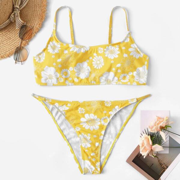 

Plus Floral Spaghetti Strap Top With Tanga Bikini, Yellow