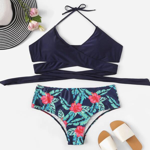 

Plus Wrap Halter Top With Tropical Bikini, Multicolor