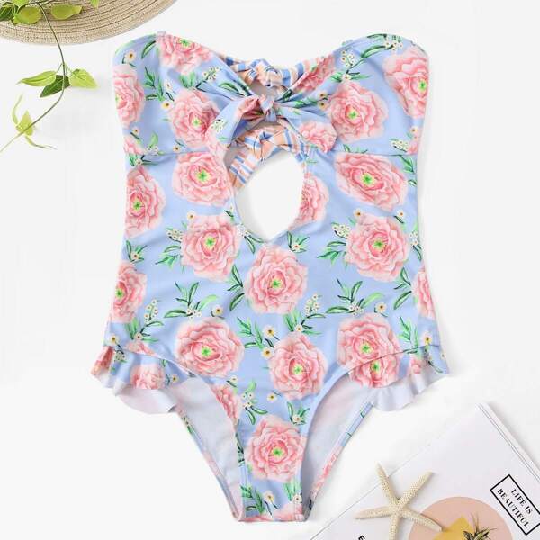 

Floral & Striped Ruffle Bandeau One Piece Swim, Multicolor
