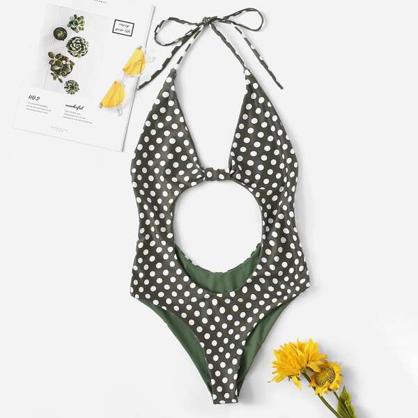 

Polka Dot Cut-out Backless One Piece Swimwear, Army green