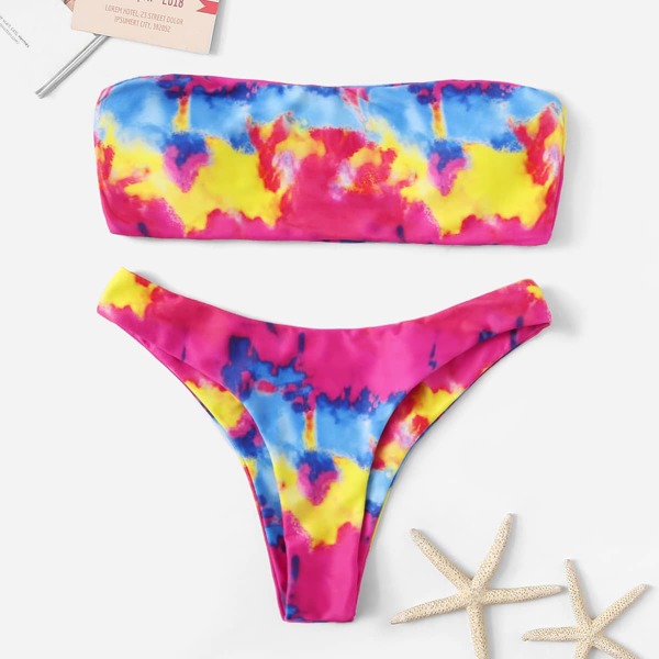 

Tie Dye Bandeau With Cheeky Bikini Set, Multicolor