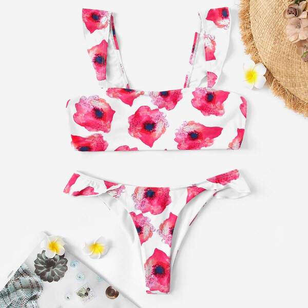 

Floral Ruffle Top With Hipster Cheeky Bikini