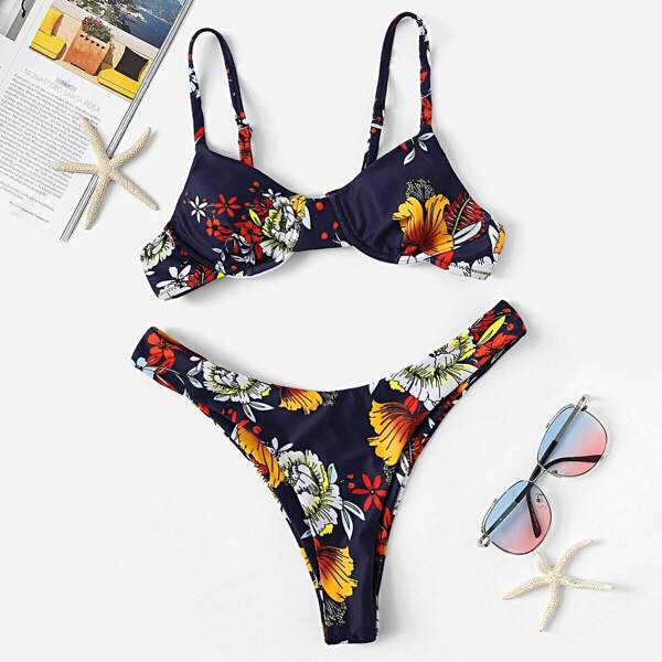 

Floral Underwire Top With High Cut Bikini Set