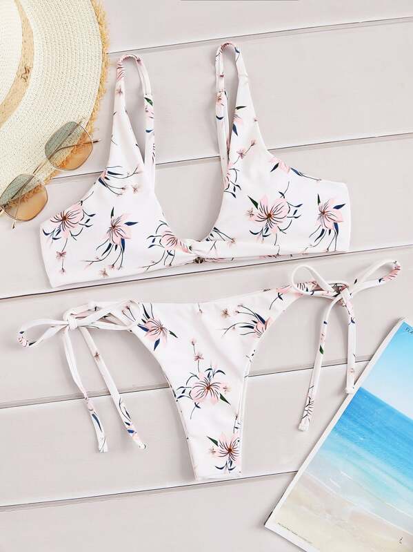 

Random Floral Twist Top With Tie Side Bikini, Multicolor