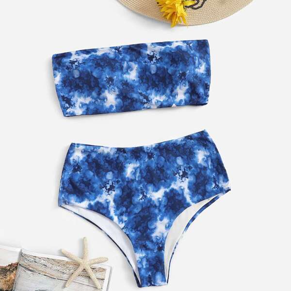 

Plus Tie Dye Bandeau With High Waist Bikini, Blue