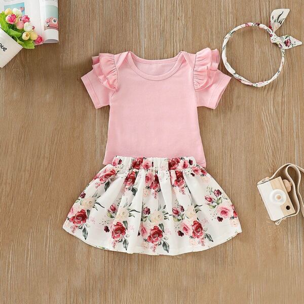 

Toddler Girls Ruffle Top With Floral Print Skirt, Multicolor