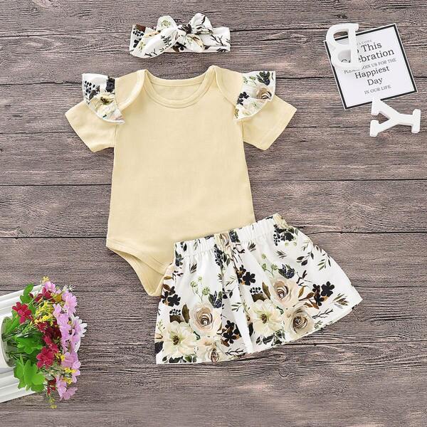 

Toddler Girls Ruffle Romper & Floral Print Skirt & Headband