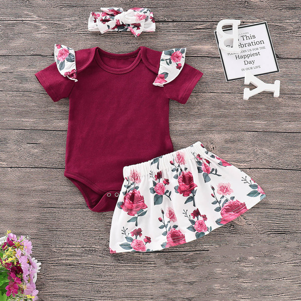

Toddler Girls Ruffle Jumpsuit & Floral Print Skirt & Headband