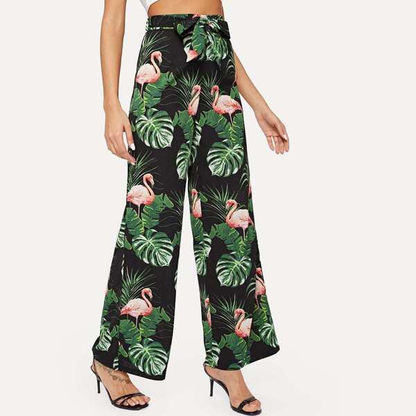 

Flamingo And Plants Print Belted Pants