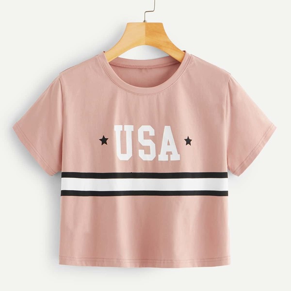 

Letter Print Color-block Striped Tee