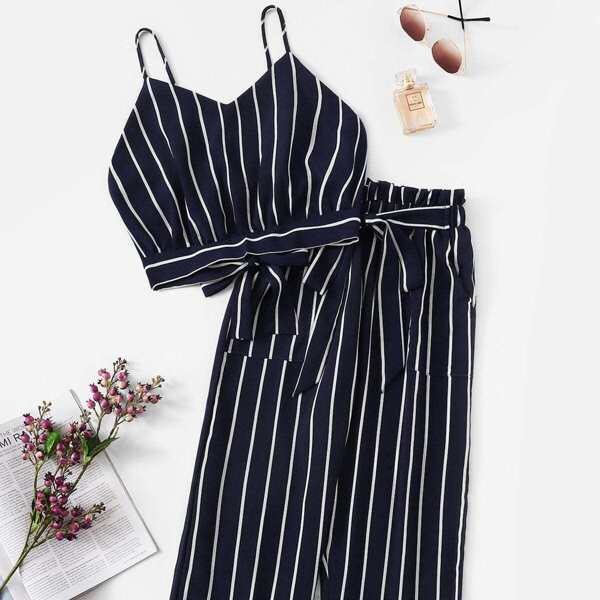 

Knot Hem Striped Cami Top With Pants, Black