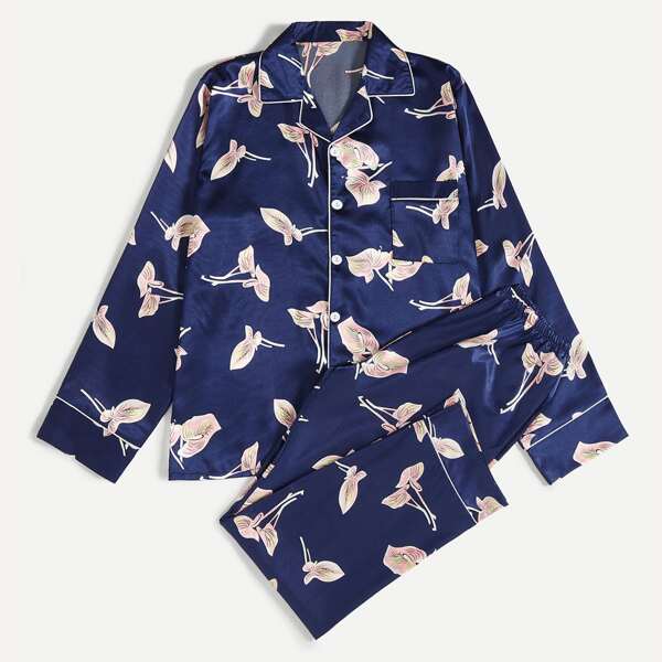 

Men Floral Print Satin Pajama Set