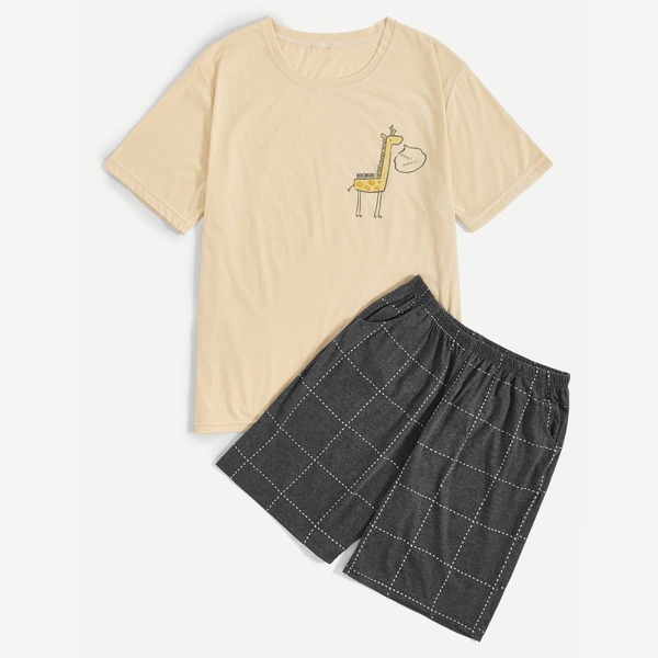 

Men Giraffe Print Plaid Pajama Set