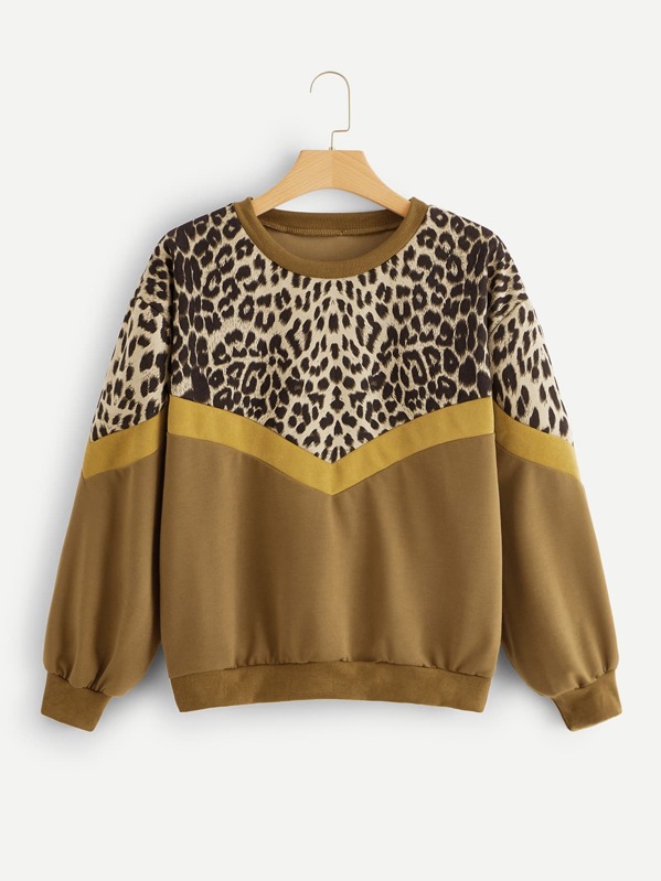 

Plus Contrast Leopard Drop Shoulder Sweatshirt, Multicolor
