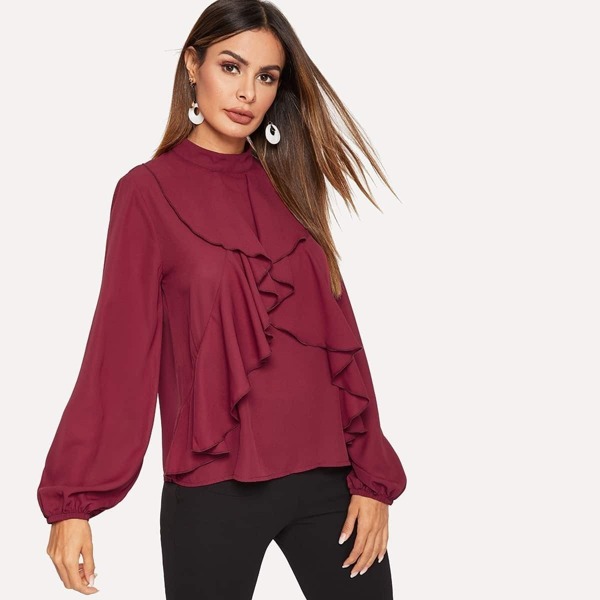 

Keyhole Back Ruffle Trim Mock-neck Top