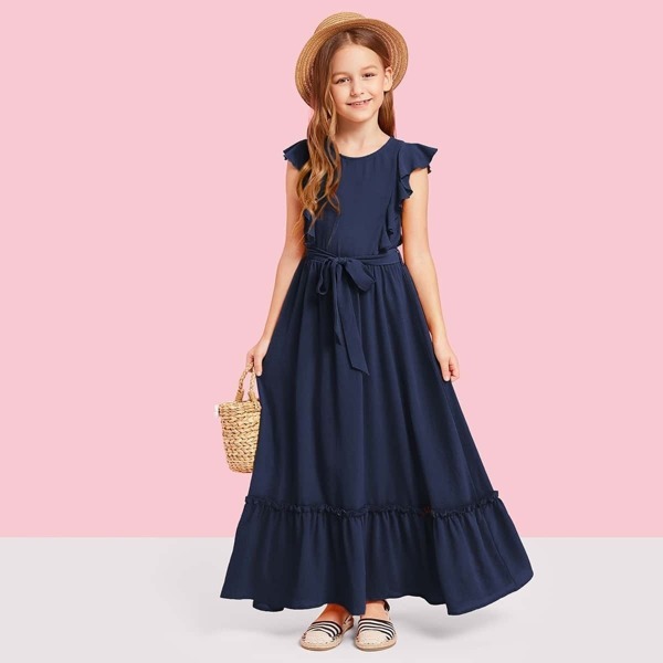 

Girls Ruffle Trim Belted Textured Maxi Dress, Navy