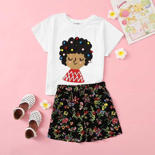 

Girls Figure With Pom Pom Tee & Floral Shorts Set, Multicolor