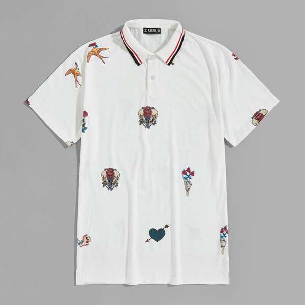 

Men Halloween & Flower Print Polo Shirt, White