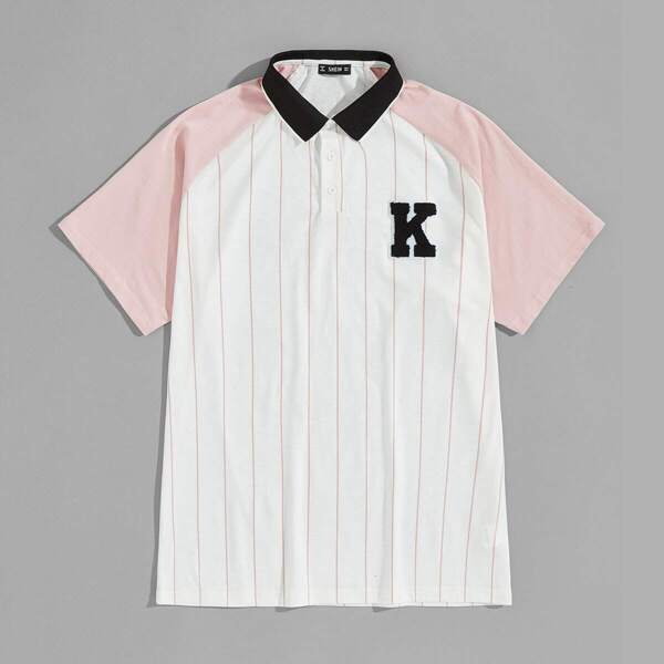

Men Letter Patched Vertical Striped Two-tone Polo Shirt, Multicolor