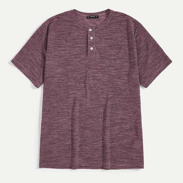 

Men Buttoned Half Placket Space Dye Tee, Burgundy