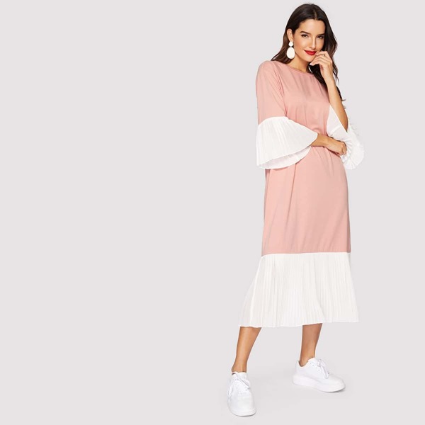 

Color-block Pleated Ruffle Hijab Dress, Pink