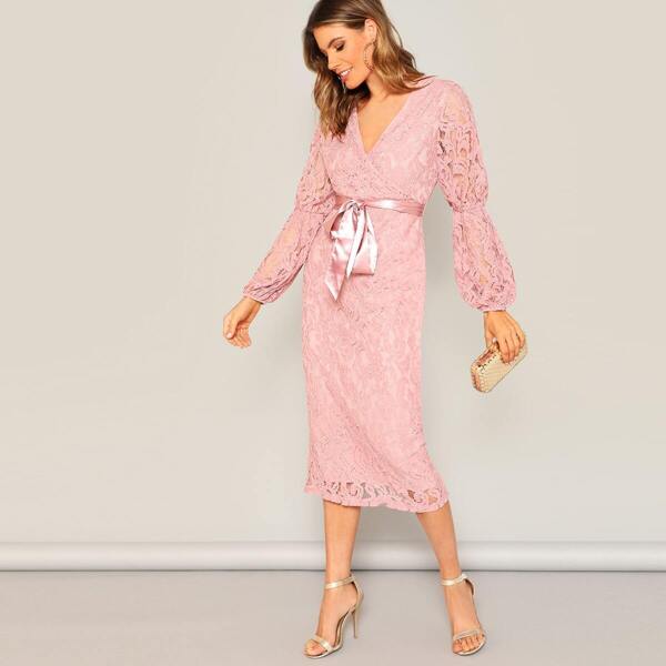 

Split Back Lace Surplice Wrap Belted Dress