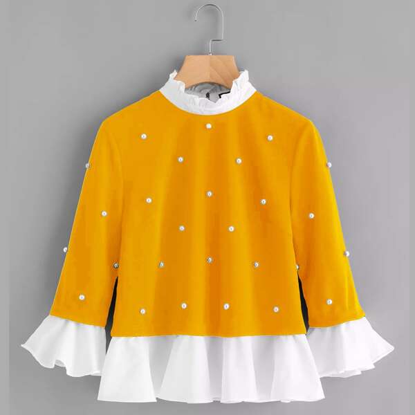 

Pearl Embellished Ruffle Trim 2 In 1 Top