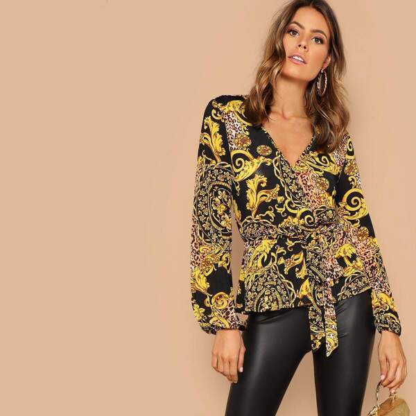 

Baroque Print Wrap Belted Top