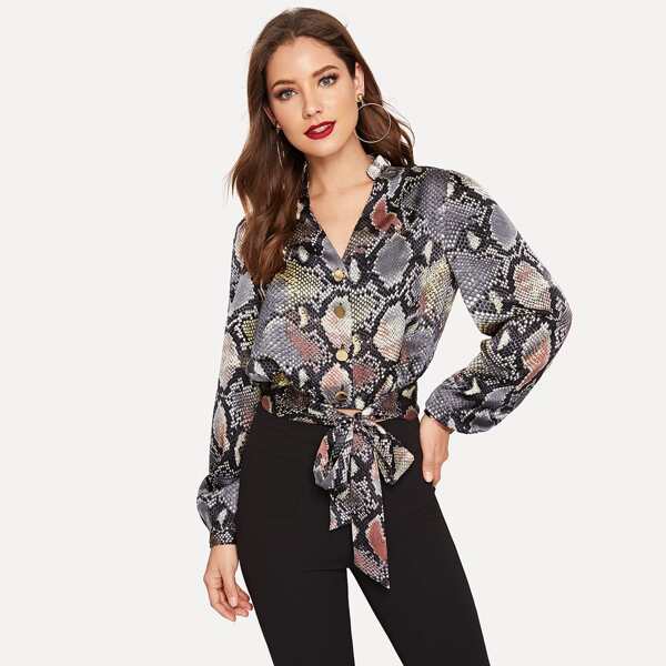 

Snake Print Button Front Self Belt Blouse