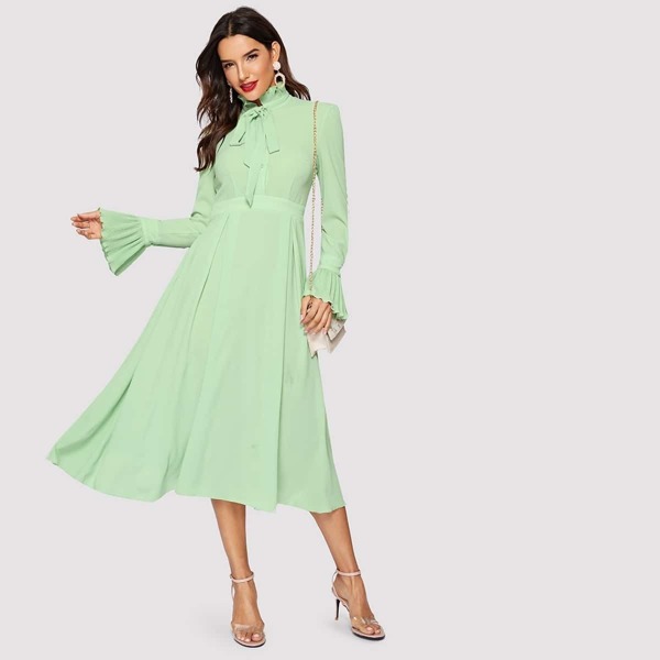 

Flounce Sleeve Tied Neck Boxed Pleated Dress