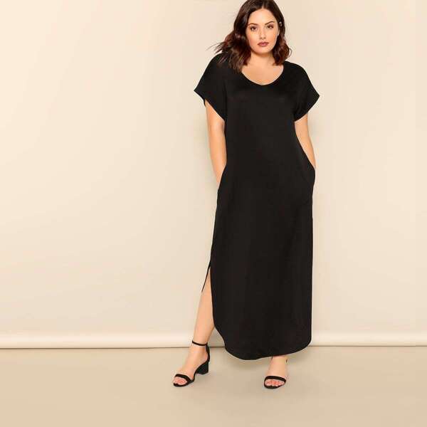 

Plus Slant Pocket M-slit Hem Maxi Dress, Black