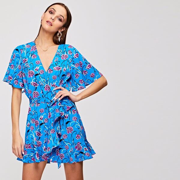 

Allover Flower Ruffle Trim Wrap Belted Dress