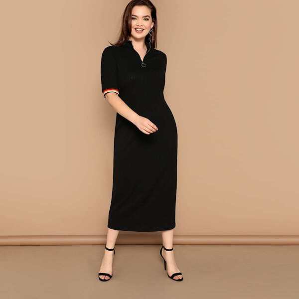 

Plus Rib-knit Slit Back Striped Cuff Dress