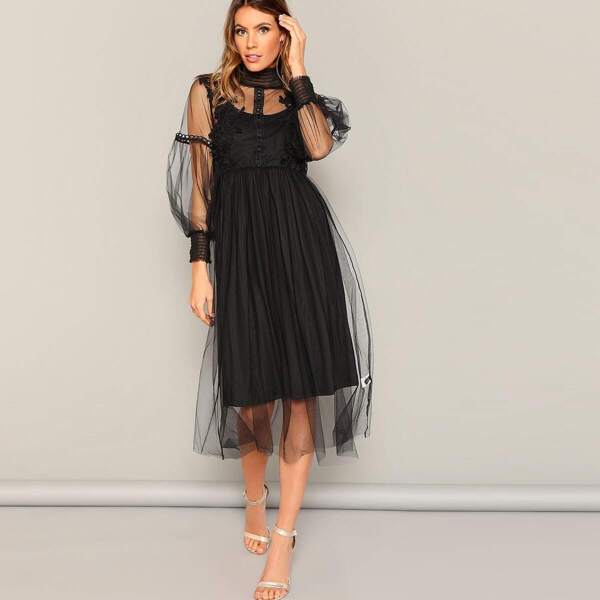 

High Neck Flower Applique Mesh Overlay Dress