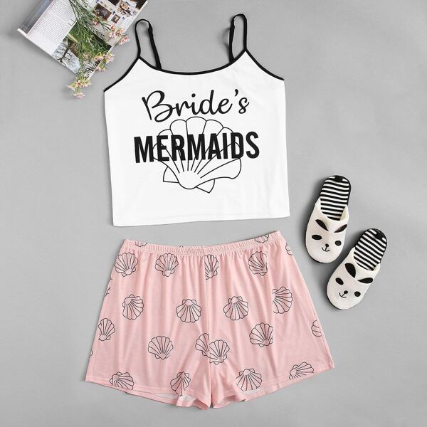 

Plus Letter Print Ringer Cami Top & Shorts PJ Set
