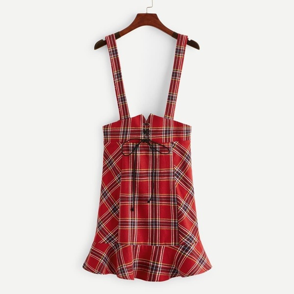 

Lace Up Ruffle Hem Plaid Pinafore Skirt