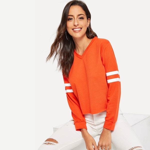 

V Neck Striped Sleeve Sweatshirt