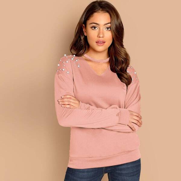 

Choker Neck Pearl Embellished Pullover