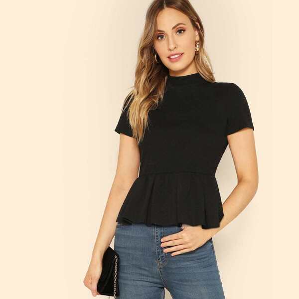 

Mock-neck Solid Peplum Tee