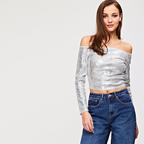 

Off Shoulder Sequin Crop Tee, Multicolor