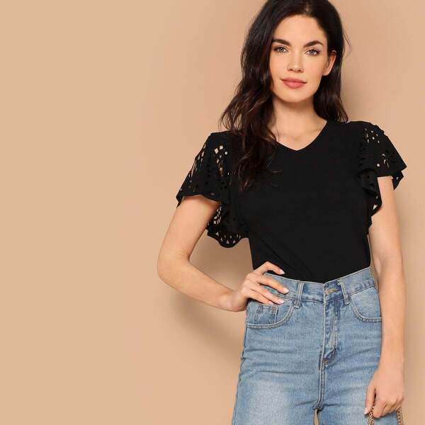 

Laser Cut Flutter Sleeve Tee, Black